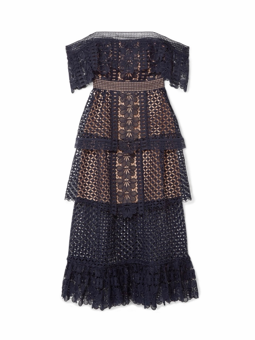 Self-Portait Navy Guipure Lace (Retail $975CAD) Off-Shoulder Midi Dress - Picture 6 of 7